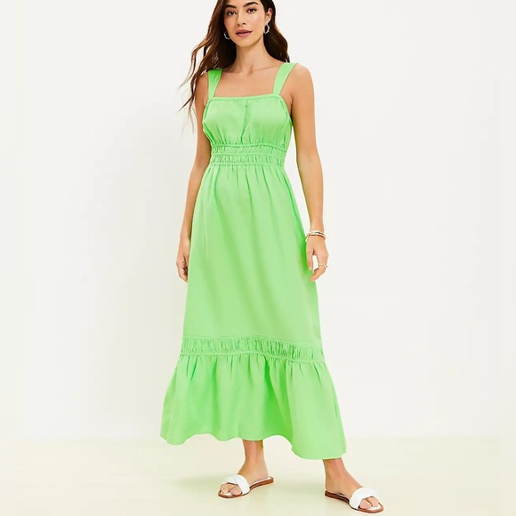 LOFT Women’s Large Linen Blend Shirred Flounce Green Maxi Dress - Picture 1 of 10